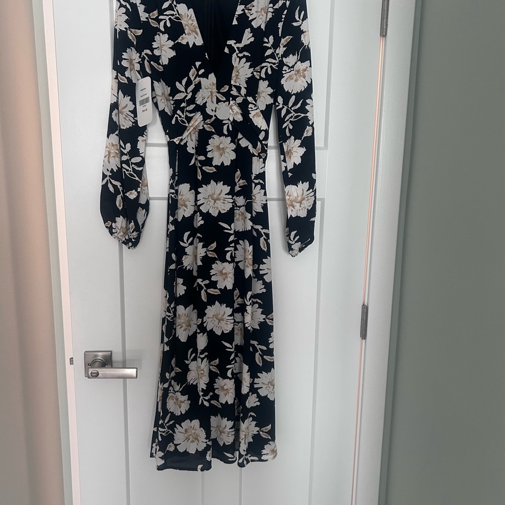 Black Floral Midi Wrap Dress with Cream Blooms